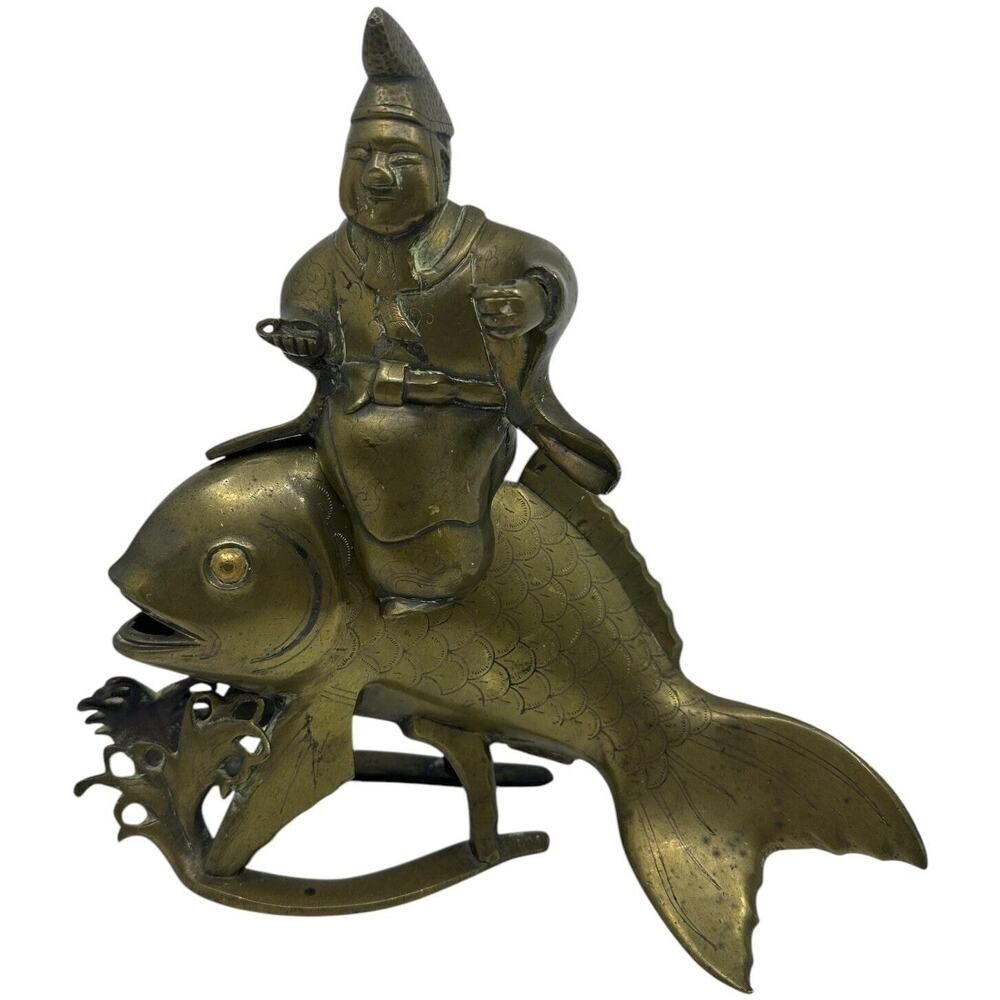Unbranded‎ Ebisu Statue Unisex 7.5x8 Gold Good Brass Japanese God Koi Sculpture